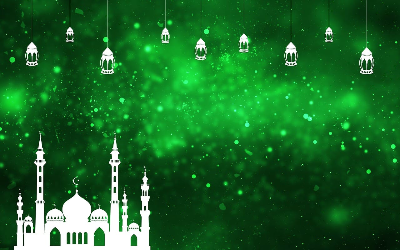 Green background with lanterns and masjid outline.